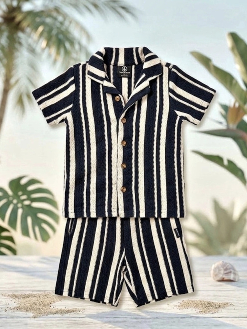 Volcom Kids' Stripe Cabana Stripe Shirt & Shorts Set in Black & White
